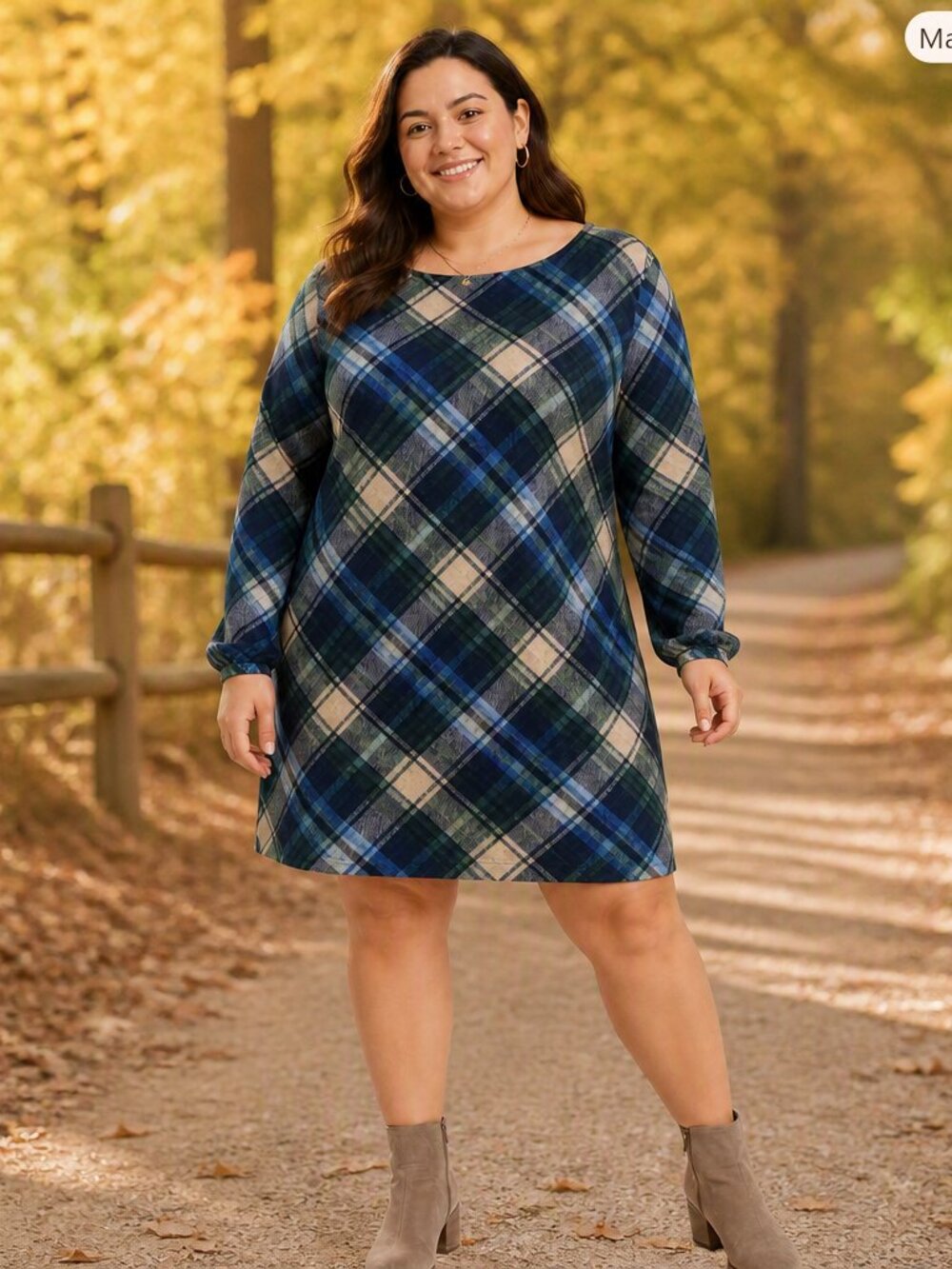 Jh Design Plaid Long‑Sleeve Shift Dress – Blue, Green & Cream (Size XL)